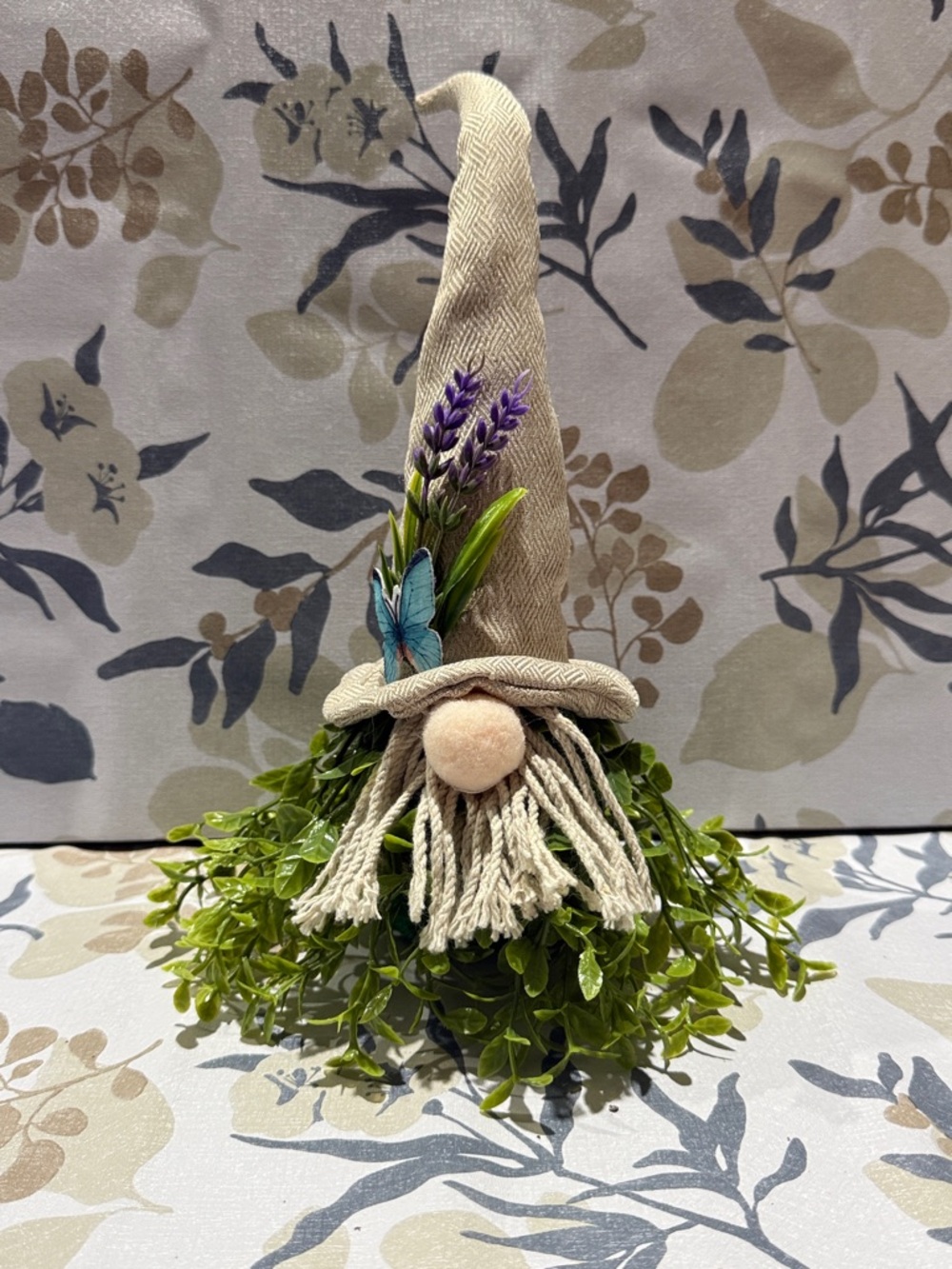 Rustic Beige Gnome Tabletop Decor with Greenery and Lavender Accent